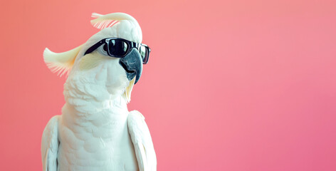 A white cockatoo with a charming personality dons a pair of sleek black sunglasses, striking a pose against a soft pink background - obrazy, fototapety, plakaty