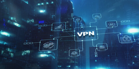 VPN Virtual Private network protocol. Business, Technology, Internet. Cyber security and privacy connection on city background