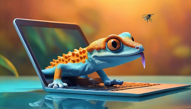 Clay art, a small geko perched on the screen of a turned on laptop, with the image of a fly displayed on the screen. The vibrantly colored geko. The geko sticks out its tongue. Orange gradient backgro