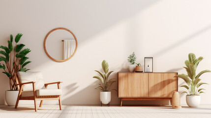 Sophisticated minimalism in bright spaces featuring wooden accents, plants, and elegant macrame for a serene, stylish ambiance.