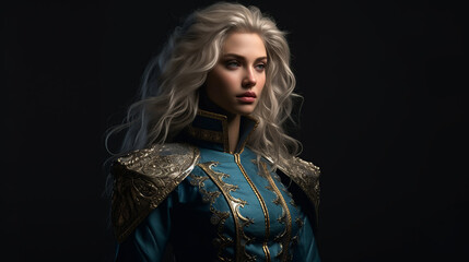 A Girl with long, wavy blonde hair, wearing an ornate blue and gold costume