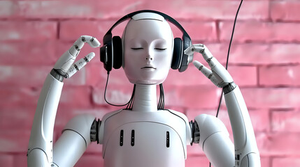 robot listens to music in headphones, pink background	
