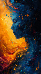 orange and blue background, woman's silhouette