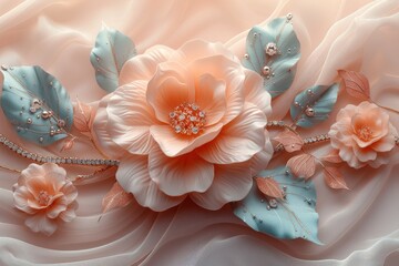 Luxurious 3D wallpaper with jewelry, roses, and butterflies on a silk background. Elegant and high-quality HD mobile wallpaper, featuring gold diamond floral jewelry and beautiful pink rose flowers. - obrazy, fototapety, plakaty