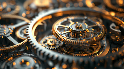 An intriguing and visually stunning 3D rendered abstract clockwork artwork that embodies the concept of time and motion.