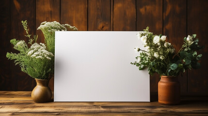 Empty white paper on a table with plants at sides mockup un timber textured background 
