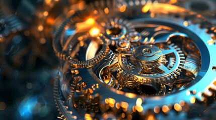 A mesmerizing 3D rendered image of an abstract clockwork mechanism. The intricate gears and cogs are beautifully designed, highlighting the precision and complexity of timekeeping. This stun