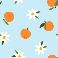 Blue seamless pattern with oranges and white flowers