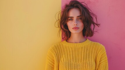 Fototapeta premium Portrait of a young woman with dark hair wearing a yellow sweater, against a pink and yellow background