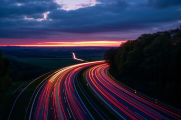 At dusk, the car's light rail lights up on the rural highways.