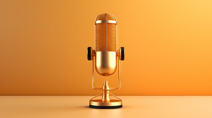 A vintage-style microphone with a golden finish stands against an orange background, highlighting its elegant design and reflective surface - obrazy, fototapety, plakaty