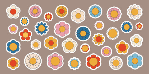 Groovy flower sticker set. Collection of different colorful  funny cartoon flowers. Vector illustration.