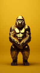 3D simple Gorilla Statue standing pose in gold on Gradient Background