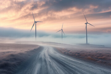 A skyline with wind turbines on the windy road.