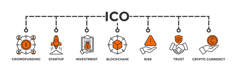ICO banner web icon vector illustration concept of initial coin offering with icon of crowdfunding, startup, investment, blockchain, risk, trust and cypto currency