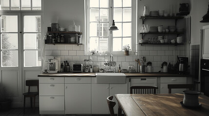 A Scandinavian kitchen, functional, white space, wooden details, simplistic, mirrorless, macro lens, morning, clean, Ilford Delta