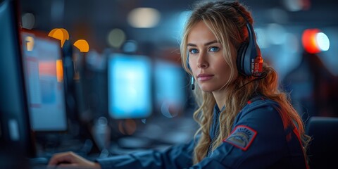 Obraz premium Dedicated to Public Safety: A Police Officer in an Emergency Call Center Coordinating Rapid Response Efforts, Generative AI