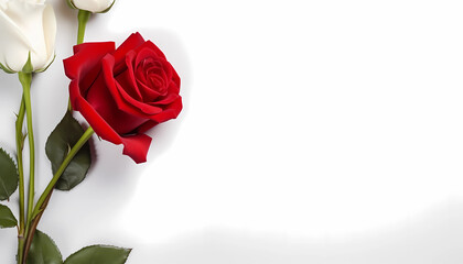 Red rose on white background with copy spce, Valentine’s day greeting card