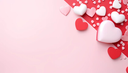 Red heart shape on pink background with copy space, Valentine’s day greeting card