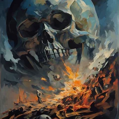 Photo sur Plexiglas Crâne aquarelle Oil painting of a burden of existence  A skull on the heaven in battlefield. sembolism concept.  Fantastic halloween background with skull and bones