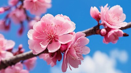 Pink blossoms on the branch with blue sky during spring blooming Branch with pink sakura blossoms and blue sky background.soft focus and retro color toned.