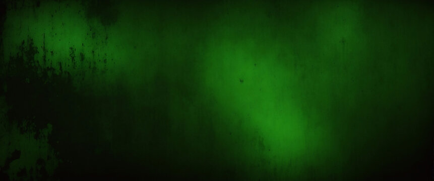 Elegant dark emerald green background with black shadow border and old vintage grunge texture design. Matte green texture or background with stains, waves and grain elements.