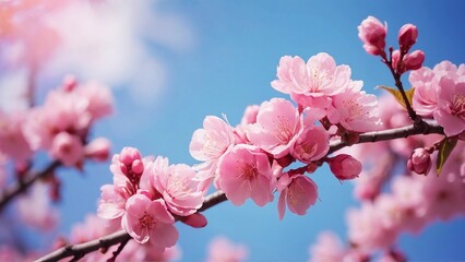 Pink blossoms on the branch with blue sky during spring blooming Branch with pink sakura blossoms and blue sky background.soft focus and retro color toned.
