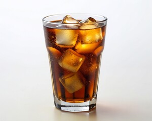 glass of cola with ice on white background