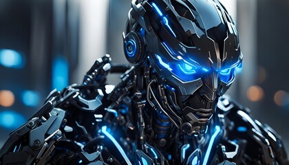 A sleek, black cyborg with glowing blue lights in its eyes and chest. The cyborg is built for combat, with powerful limbs and armor. The blue lights in its eyes allow it to see in the dark 