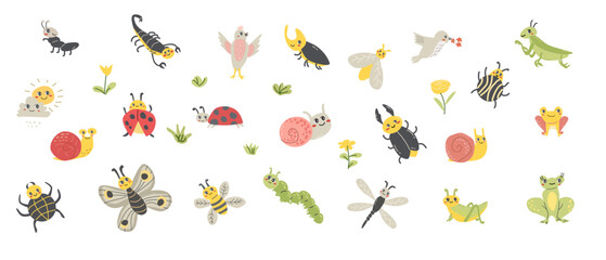 Cute cartoon animals and insects bugs, butterfly, birds, frog. Vector illustration isolated. Beetle bugs, Ladybird, caterpillar, snail and other animals. Big set of cartoon characters with flower and