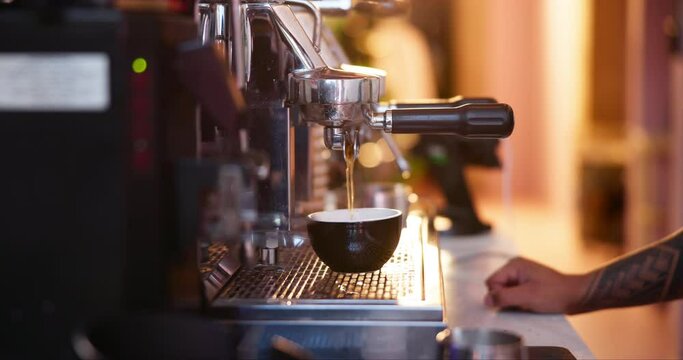 Hands, machine and barista making coffee at cafe, process and professional service in small business. Closeup, portafilter and waiter with cup to prepare espresso drink, pour latte and hot cappuccino