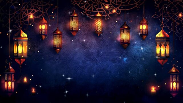 Ramadan Kareem background incorporating Arabic lanterns, loop video background animation, cartoon anime style, for vtuber / streamer backdrop