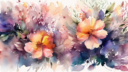 Fototapeta na wymiar Delicate, colorful water-color wallpaper with beautiful spring flowers. Illustration 4K