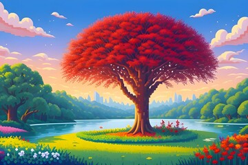 Beautiful and Peaceful Nature Scenery Illustration, Landscape, Countryside, Tranquil, Vibrant and Colorful