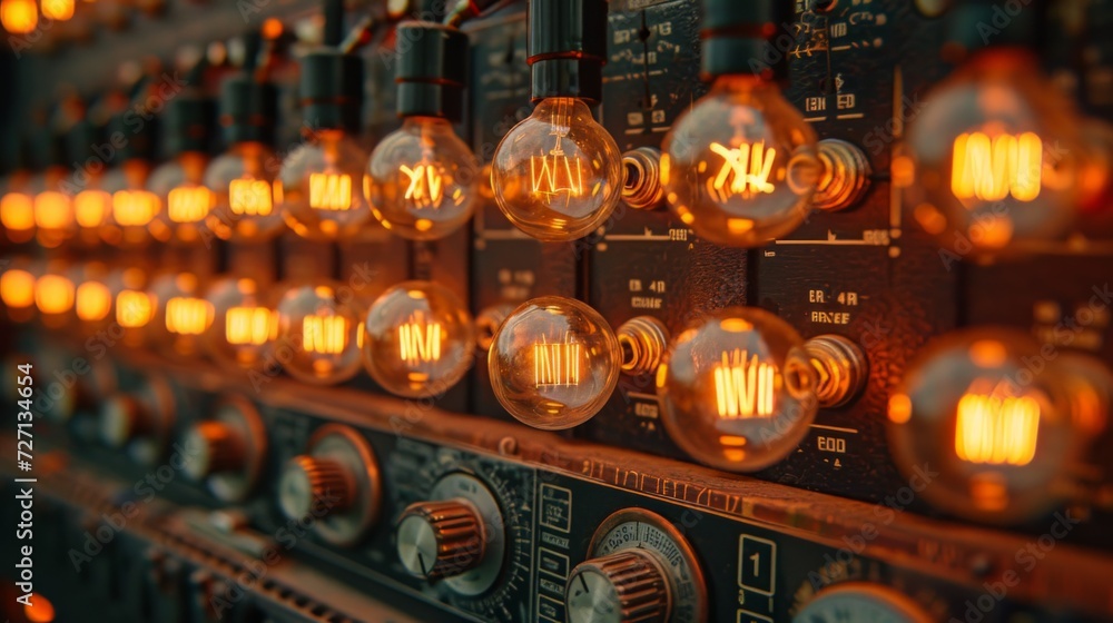 Poster vintage audio recorder embellished with cascading rows of shimmering light bulbs, radiating a nostal