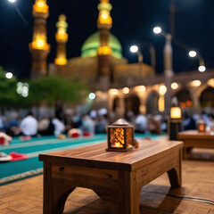 Fototapeta na wymiar wooden table on a blurred background with a mosque and bokeh lights. Ramadan-Kareem background