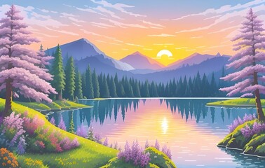 Beautiful and Peaceful Nature Scenery Illustration, Landscape, Countryside, Tranquil, Vibrant and Colorful