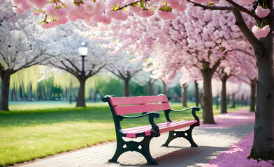 Empty park bench under blooming cherry trees in spring, soft morning light filtering through petals. Generative AI