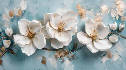 Plexiglas foto achterwand cherry blossom on wooden background, a set of white flowers painted on a blue background, in the style of soft and dreamy tones, light beige and gold, soft atmospheric © suphakphen