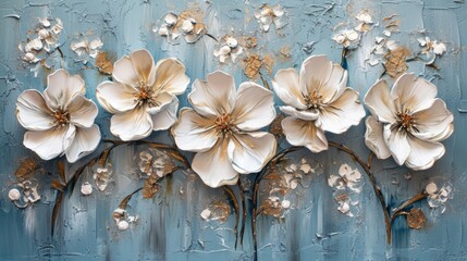 flowers on a wooden background, a set of white flowers painted on a blue background, in the style of soft and dreamy tones, light beige and gold, soft atmospheric