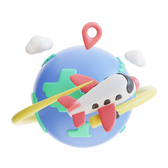 Terrestrial globe with flight airplane travel concept tourism plane trip planning world tour luggage cartoon minimal pin map location clouds leisure touring holiday summer 3d icon