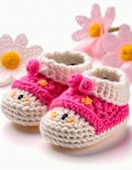 shoes with faces for a newborn, crocheted, on a white background