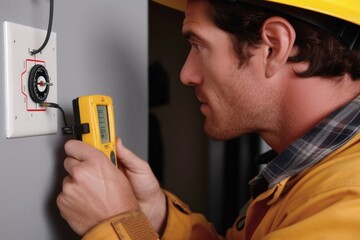 Worker checking electrical outlet with multimeter for safety and functionality, electrical inspection photo