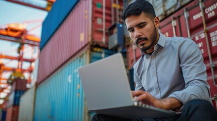 Businessman, focused and determined, works on his laptop against the backdrop of a bustling container ship.