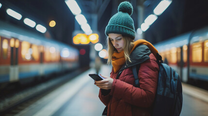 Young Woman Waiting at Rail Station: Holding... - Powered by Adobe
