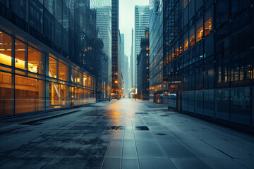 An empty city street with large buildings along the ground. - obrazy, fototapety, plakaty