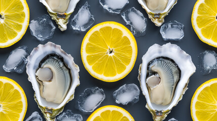Fresh raw oysters in shells halves on ice with lemon - obrazy, fototapety, plakaty