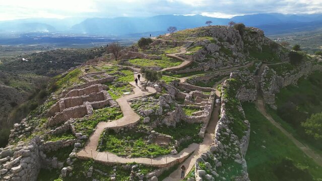 Aerial view by drone of archaeological site of ancient citadel of , north-eastern Peloponnese, Greece - Greek settlement of the 12th century BC. e. with the ruins of the acropolis Agamennone 