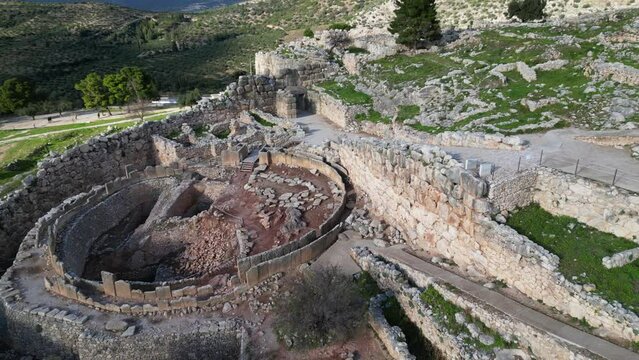 Aerial view by drone of archaeological site of ancient citadel of , north-eastern Peloponnese, Greece - Greek settlement of the 12th century BC. e. with the ruins of the acropolis Agamennone 