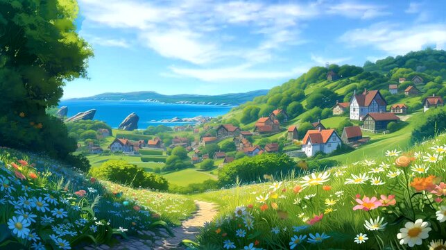 A picturesque coastal village nestled between rolling hills. Seamless looping 4k time-lapse virtual video animation background